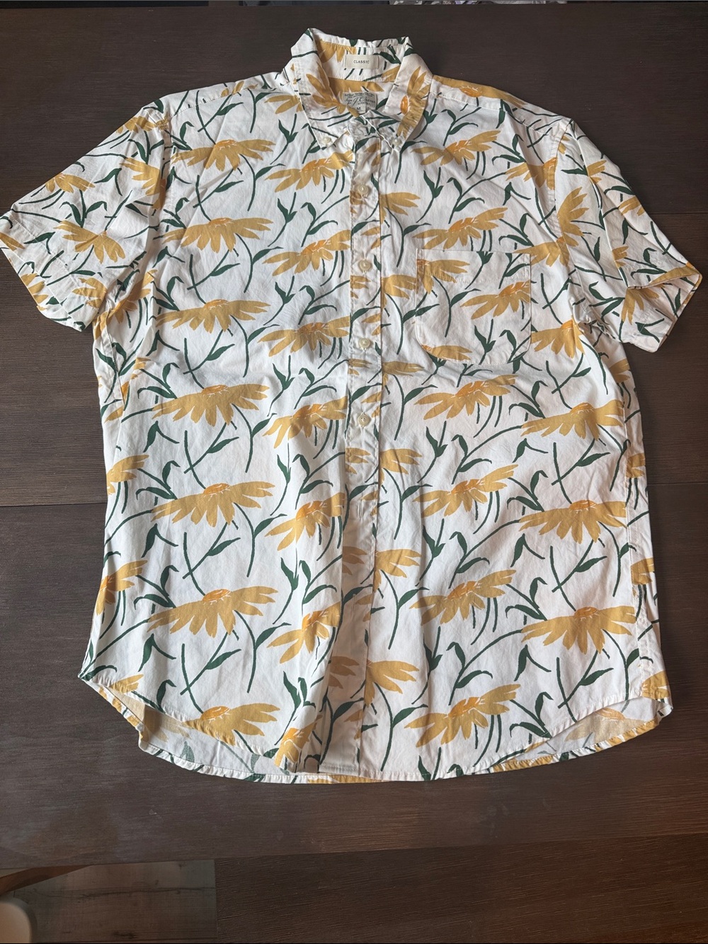 J. Crew White Short-Sleeve Button-Down Shirt with Yellow Floral Print
